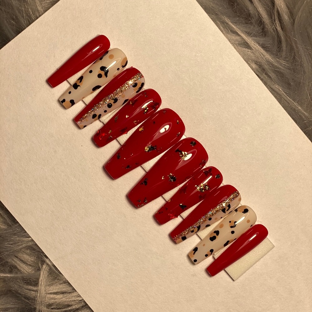 Red & Gold Cheetah Press on Nails